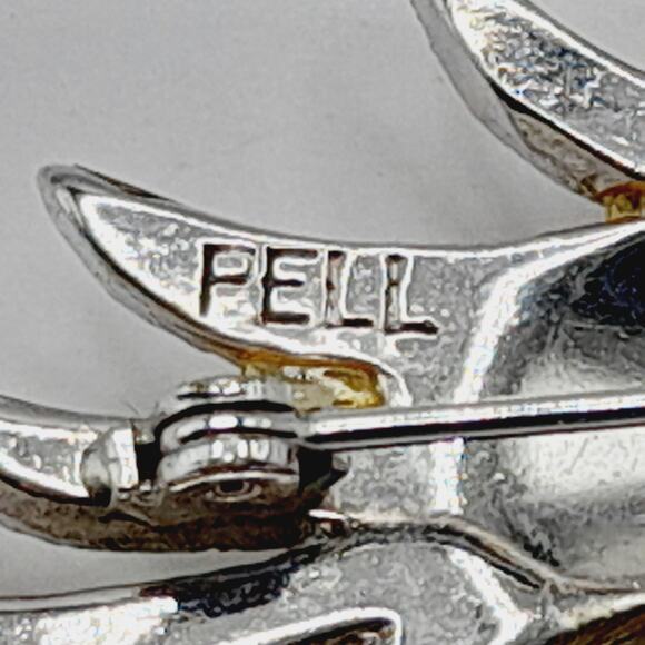 Pell Feather Leaf Brooch Green Baguette Rhinestone Vintage Rhodium 3" - Picture 8 of 8